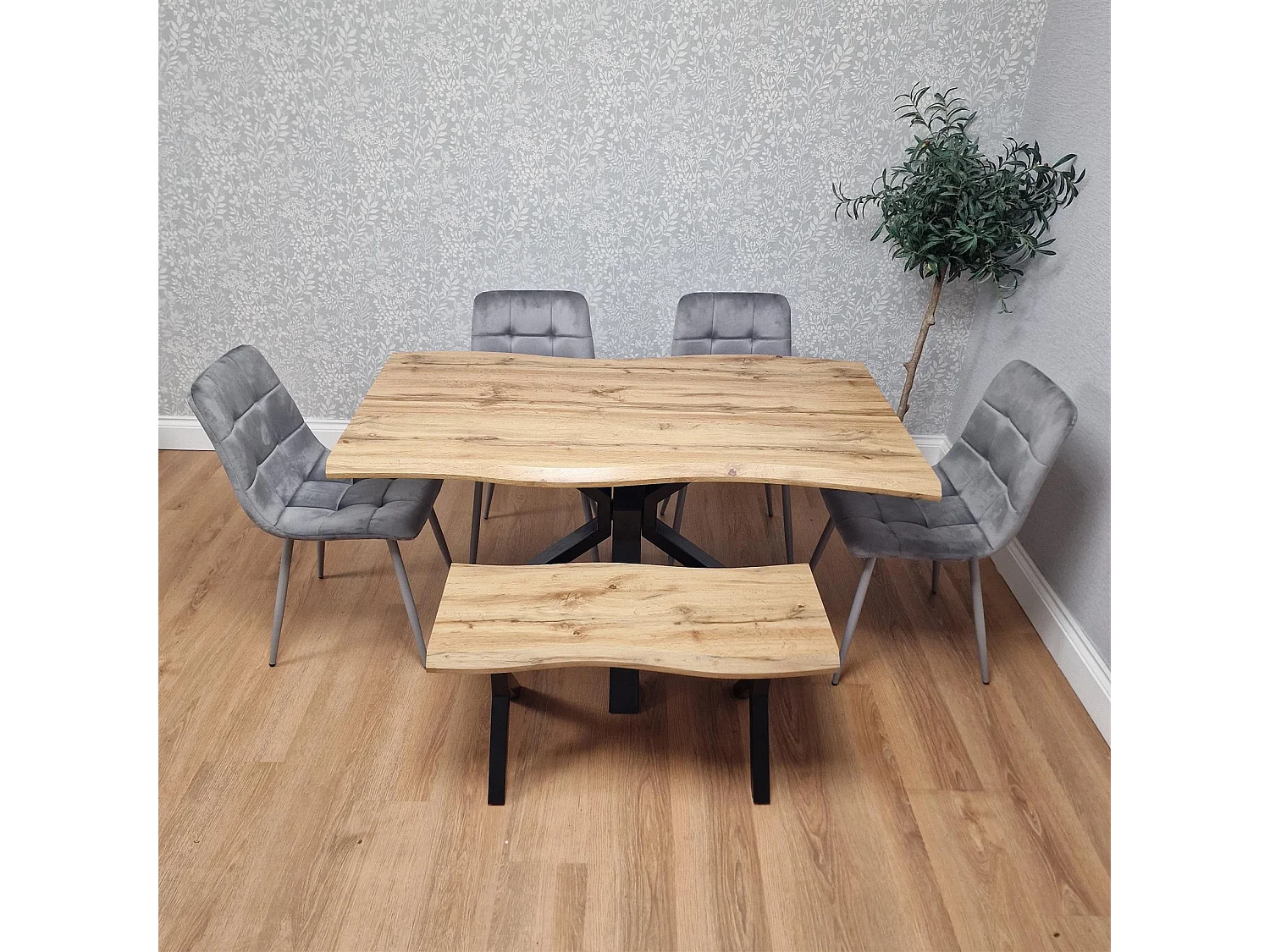 Kosy Koala Dining Set with Bench and 4 Grey Velvet Chairs Stylish Dining Room Furniture Set