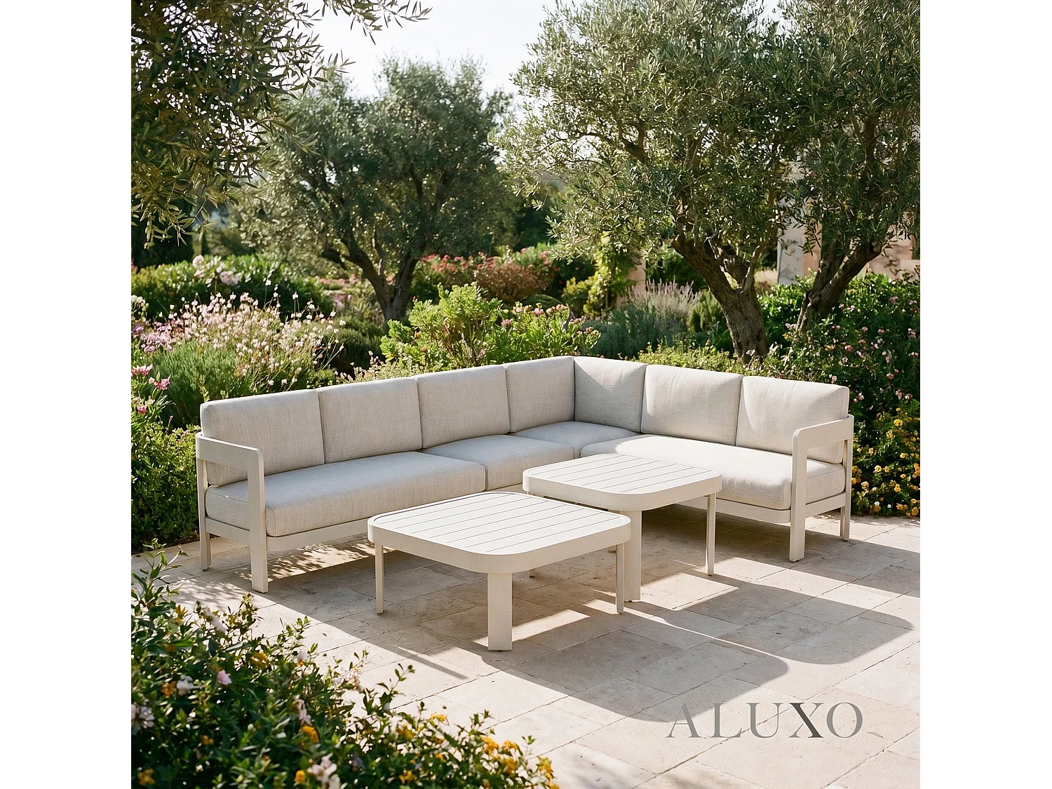 ALUXO Sofia 6-Seater Luxury Corner Sofa Set - Taupe Aluminium & Slat Tables