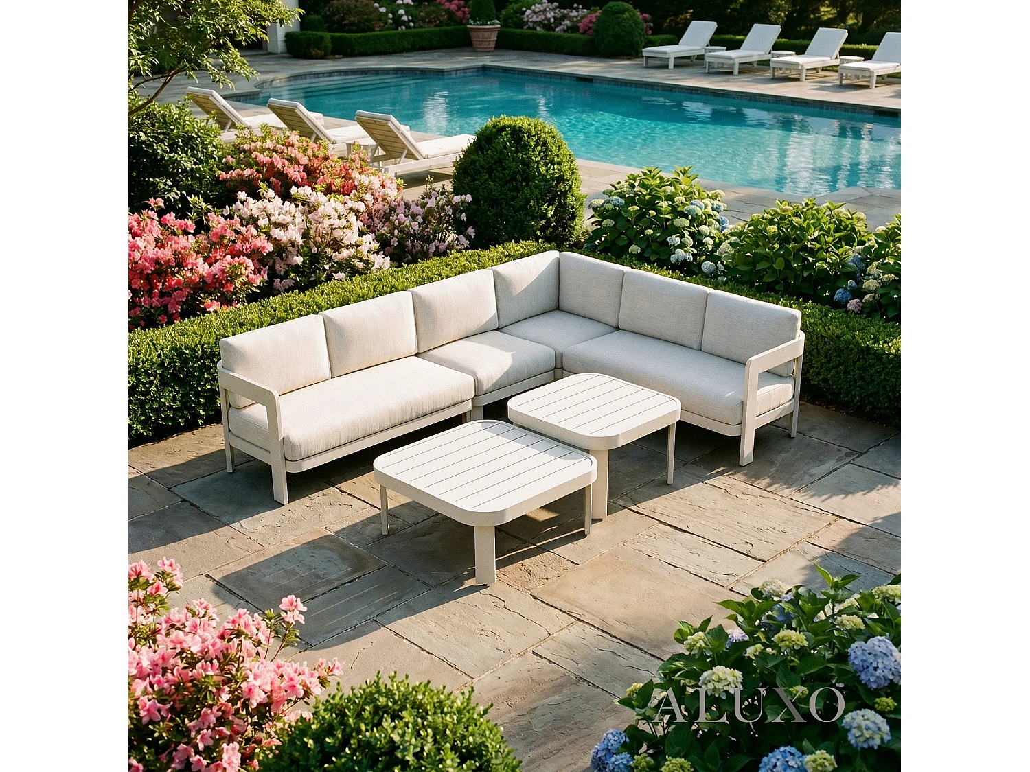 ALUXO Sofia 6-Seater Luxury Corner Sofa Set - Taupe Aluminium & Slat Tables