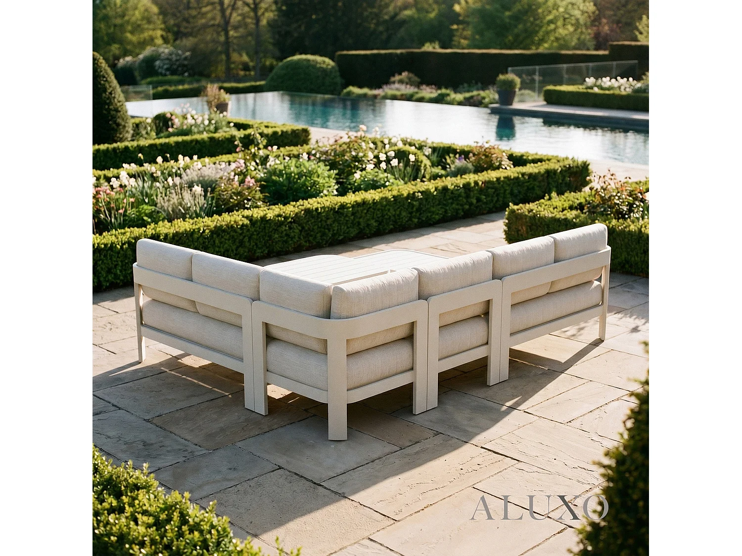 ALUXO Sofia 6-Seater Luxury Corner Sofa Set - Taupe Aluminium & Slat Tables