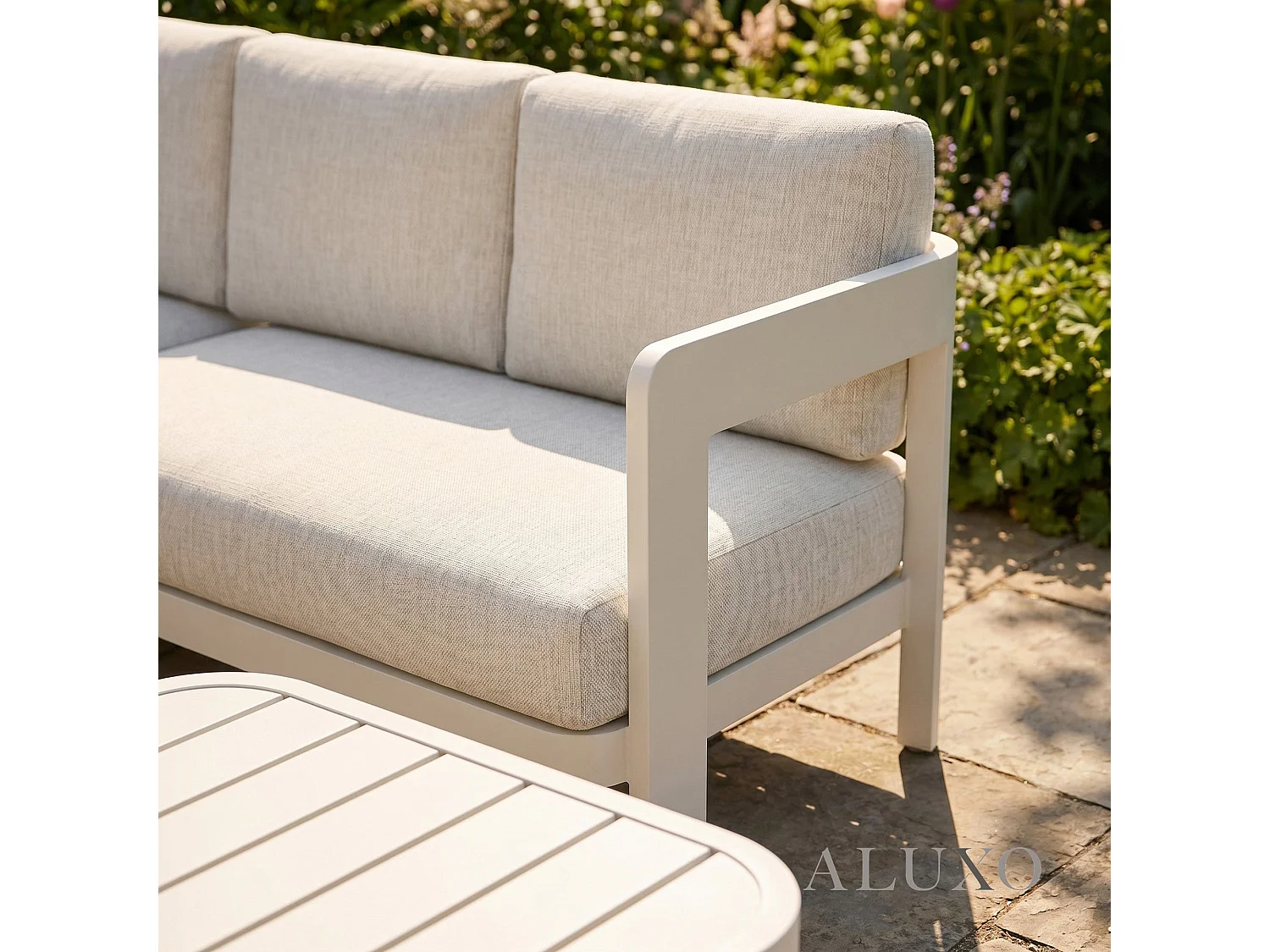 ALUXO Sofia 6-Seater Luxury Corner Sofa Set - Taupe Aluminium & Slat Tables
