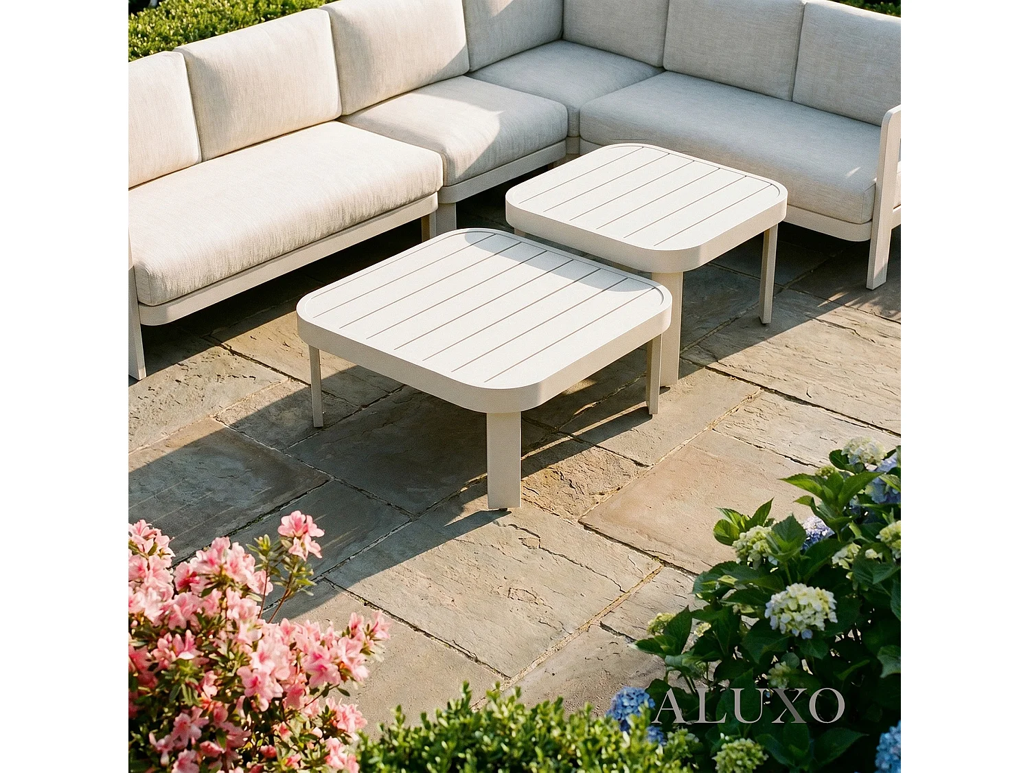 ALUXO Sofia 6-Seater Luxury Corner Sofa Set - Taupe Aluminium & Slat Tables