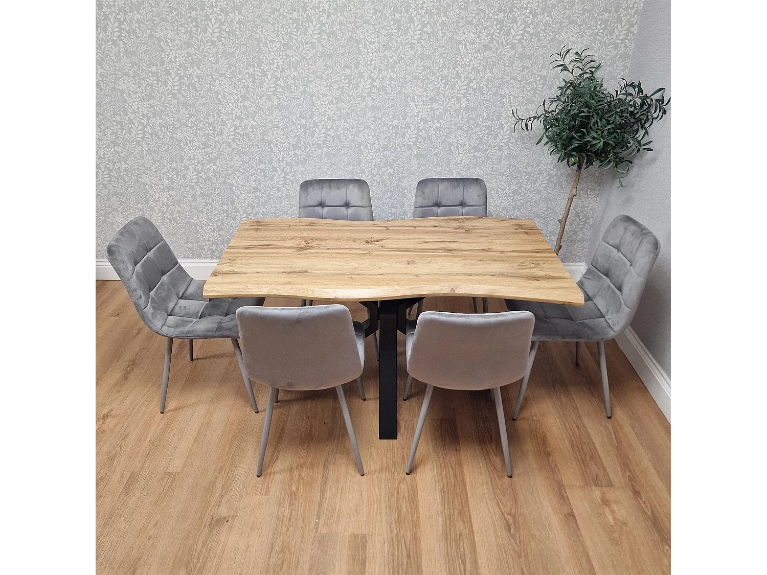 Modern Dining Table Set with 6 Grey Velvet Chairs Kitchen Dining Room Furniture
