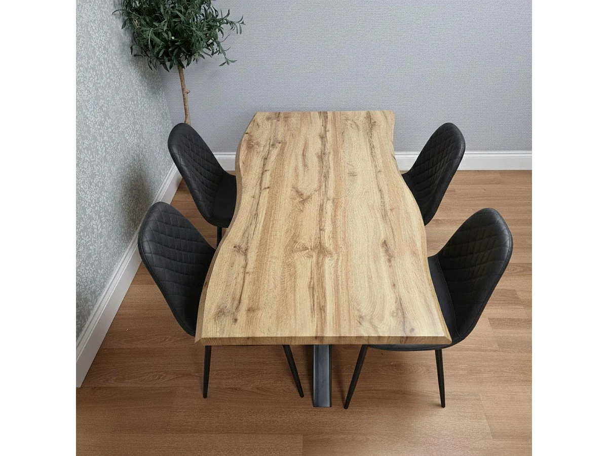 Modern Dining Table with 4 Gem pattern Black Faux Leather Chairs Kitchen Furniture