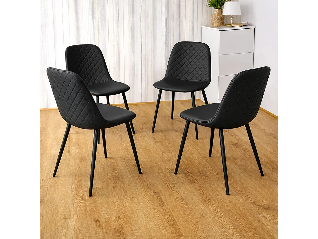 Modern Dining Table with 4 Gem pattern Black Faux Leather Chairs Kitchen Furniture