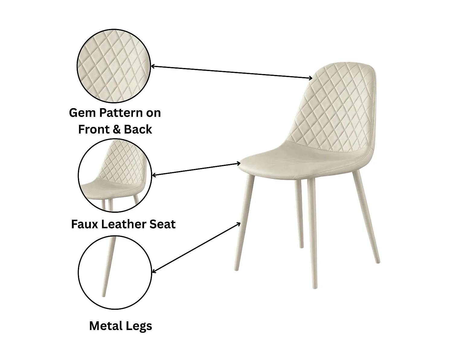 Modern Dining Table with 4 Gem pattern Cream Faux Leather Chairs Kitchen Furniture