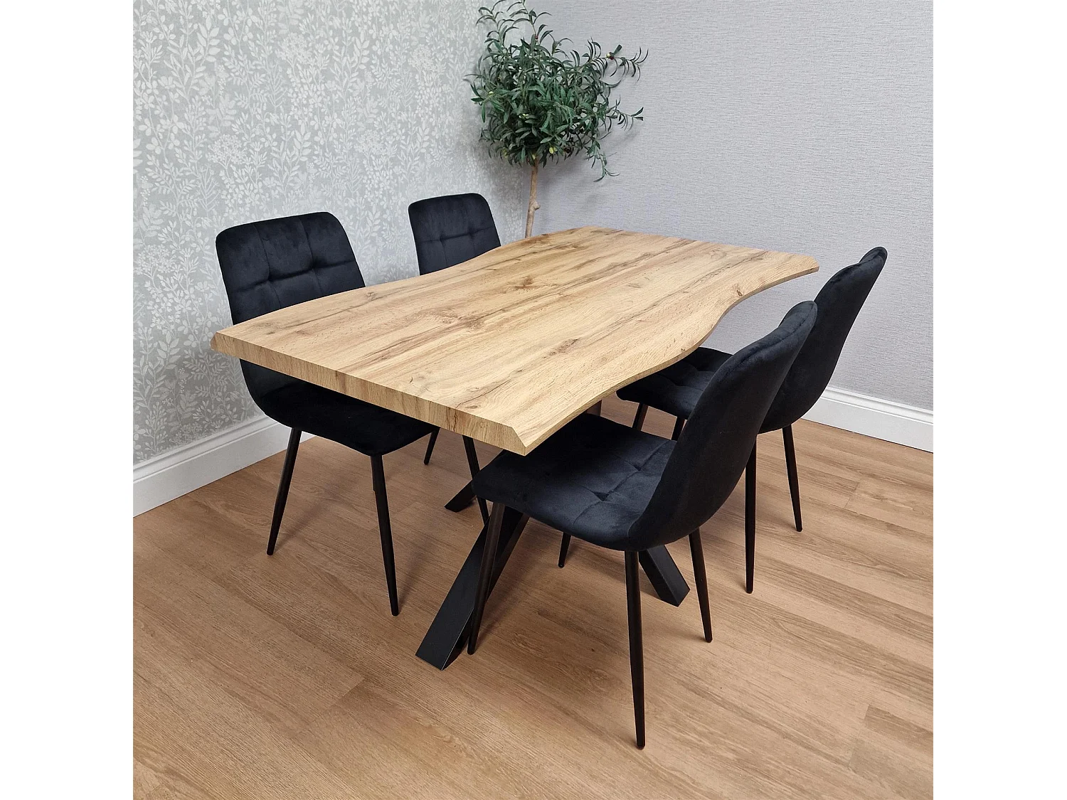 Wooden Dining Table with 4 Black Velvet Chairs, Stylish Dining Room Furniture