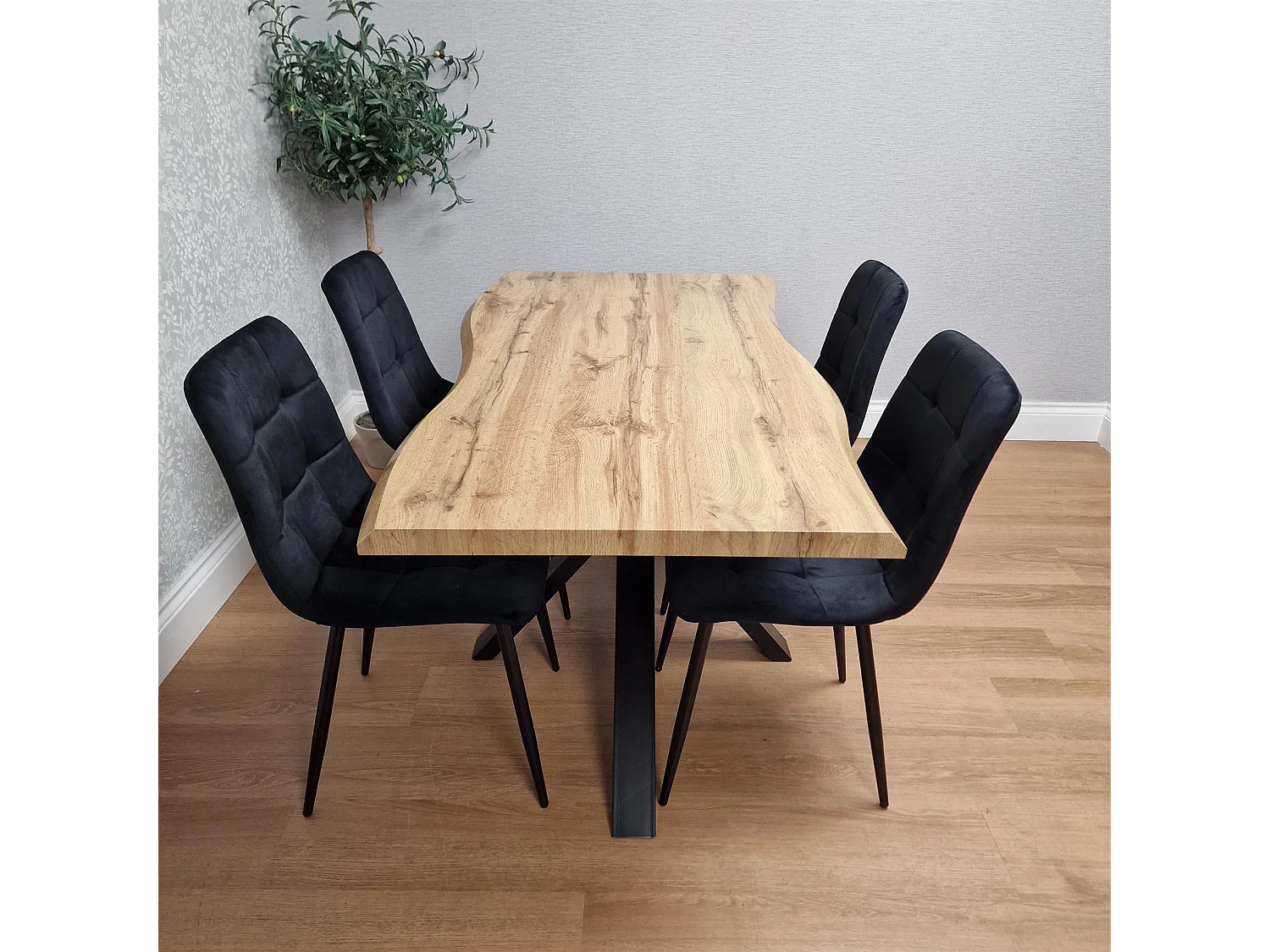 Wooden Dining Table with 4 Black Velvet Chairs, Stylish Dining Room Furniture