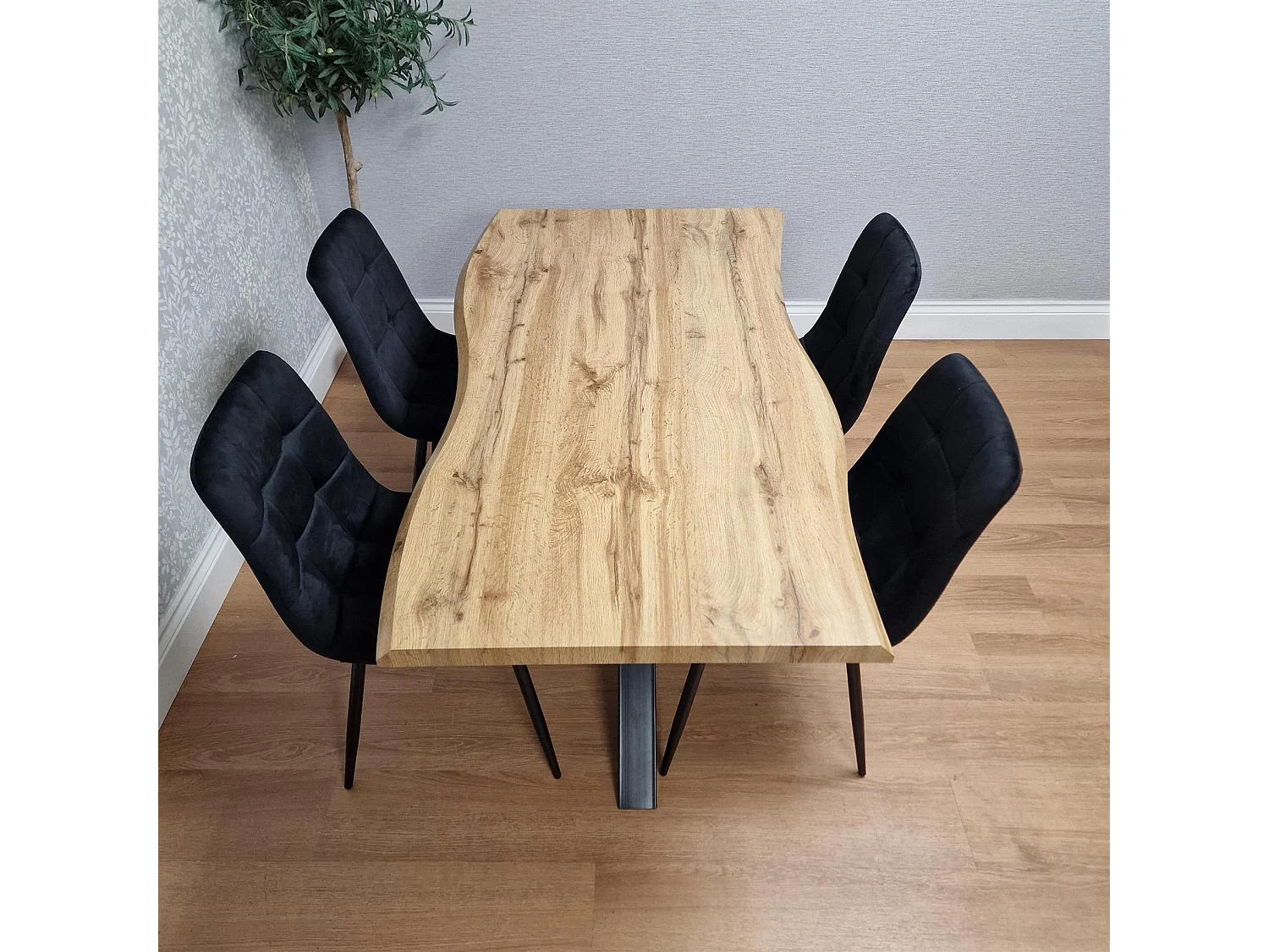 Wooden Dining Table with 4 Black Velvet Chairs, Stylish Dining Room Furniture