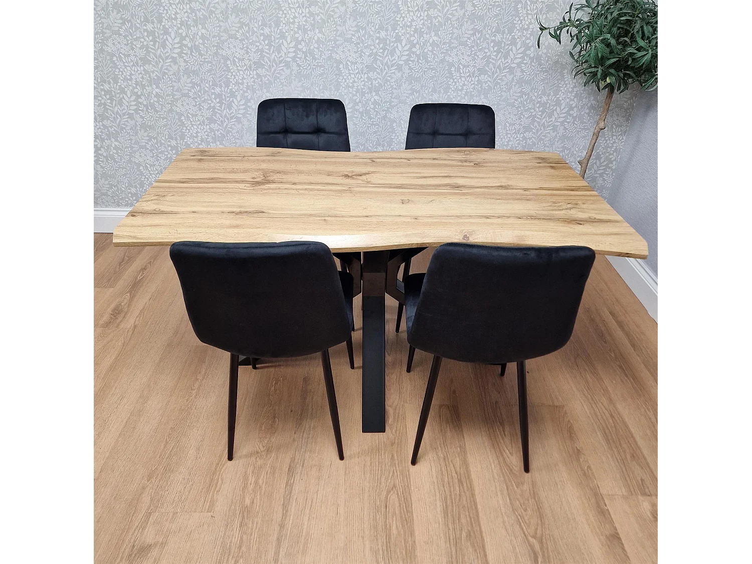 Wooden Dining Table with 4 Black Velvet Chairs, Stylish Dining Room Furniture