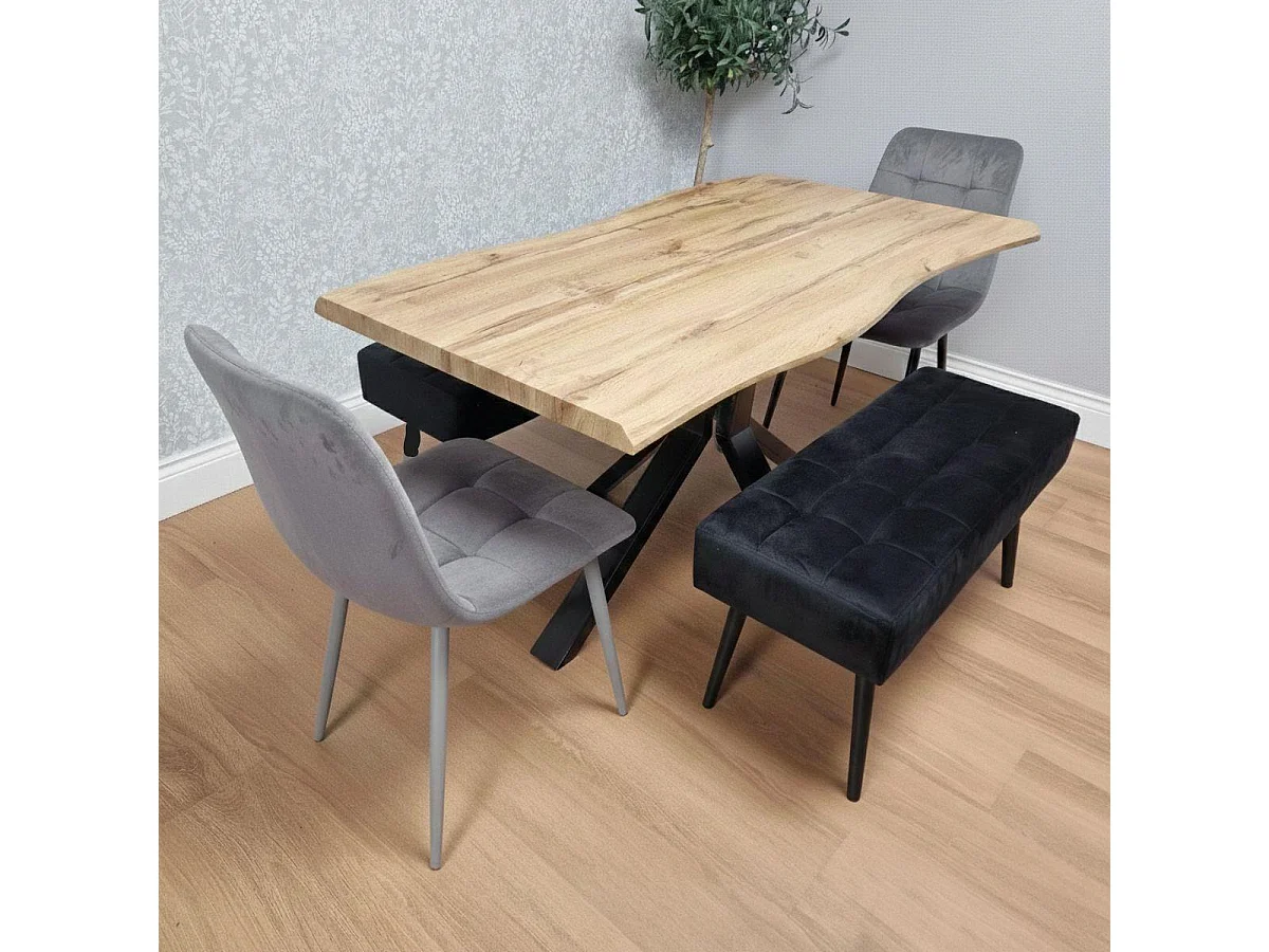 Dining Table Set with 2 Grey Velvet Chairs and Black Benches, Dining Room Furniture