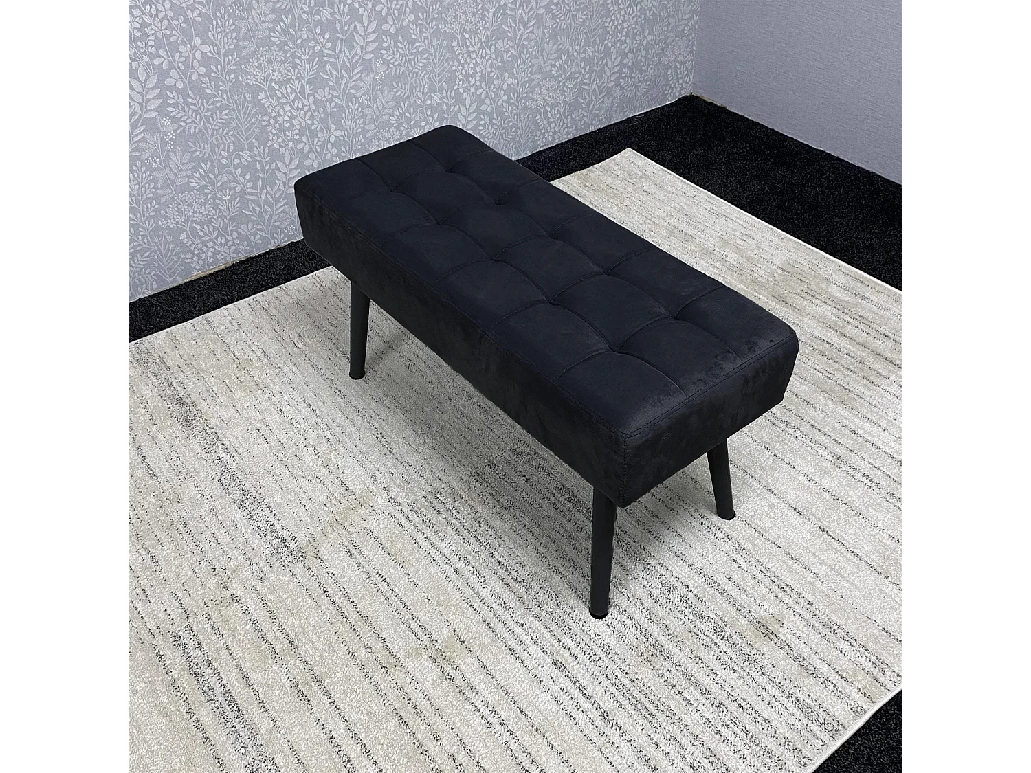 Dining Table Set with 2 Grey Velvet Chairs and Black Benches, Dining Room Furniture