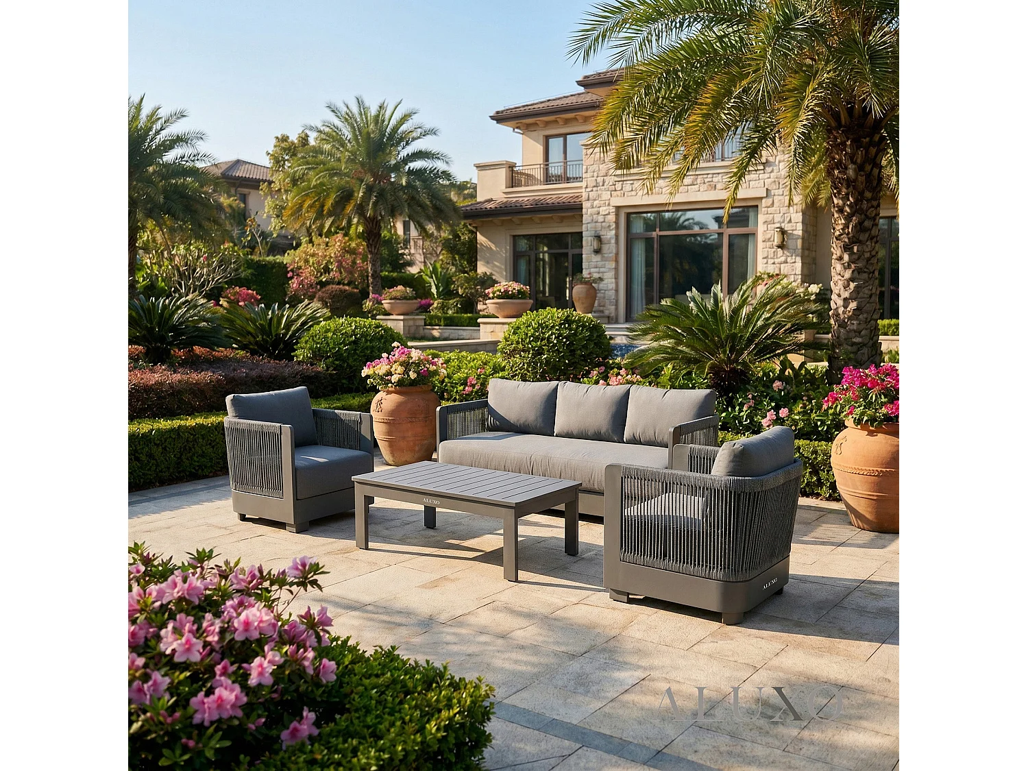 ALUXO Ares 5-Seater Luxury Lounge Set - Onyx Aluminium & Pebble Grey Cushions