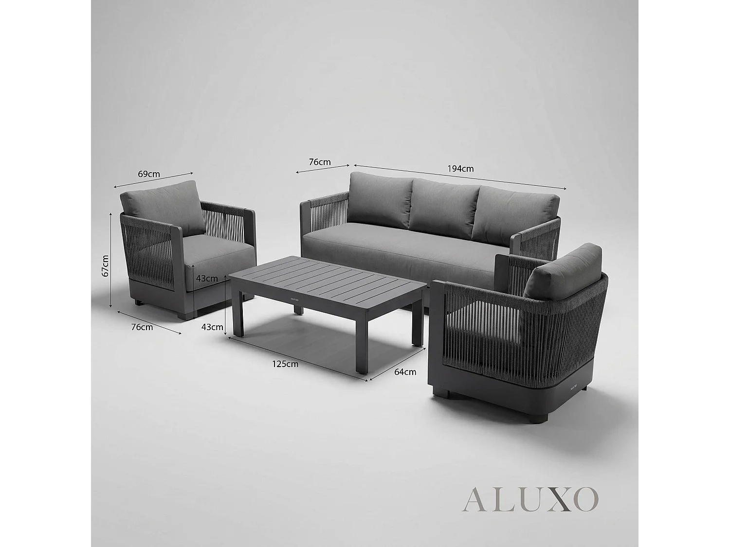 ALUXO Ares 5-Seater Luxury Lounge Set - Onyx Aluminium & Pebble Grey Cushions