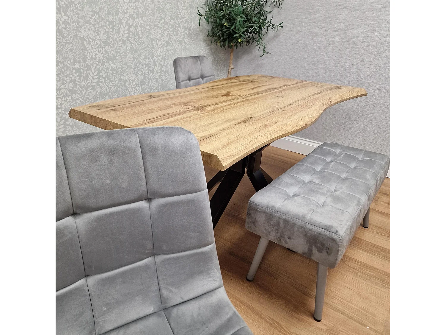 Modern Dining Table Set With 2 Grey Velvet Chairs And Grey Velvet Bench Dining Room Furniture