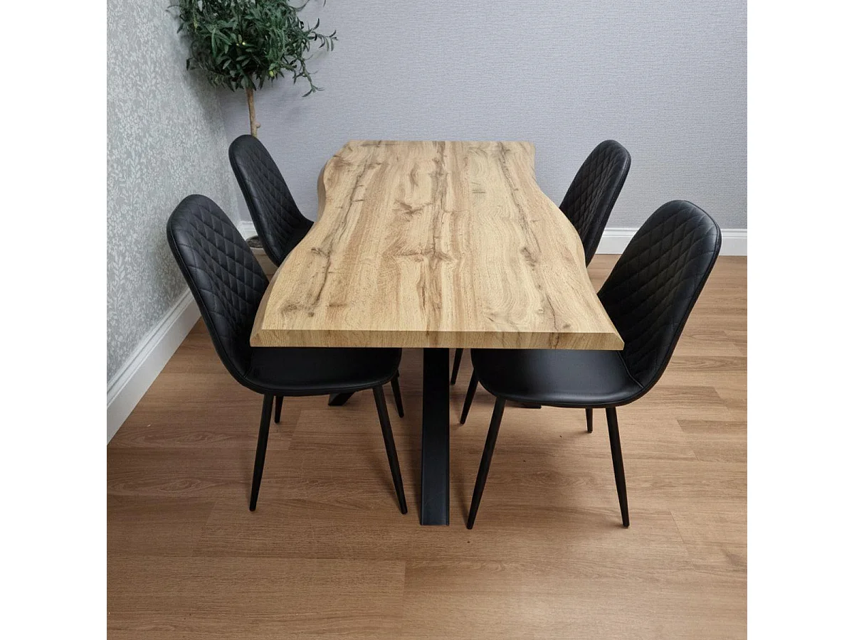 Modern Dining Table with 4 Black Gem pattern Faux Leather Chairs