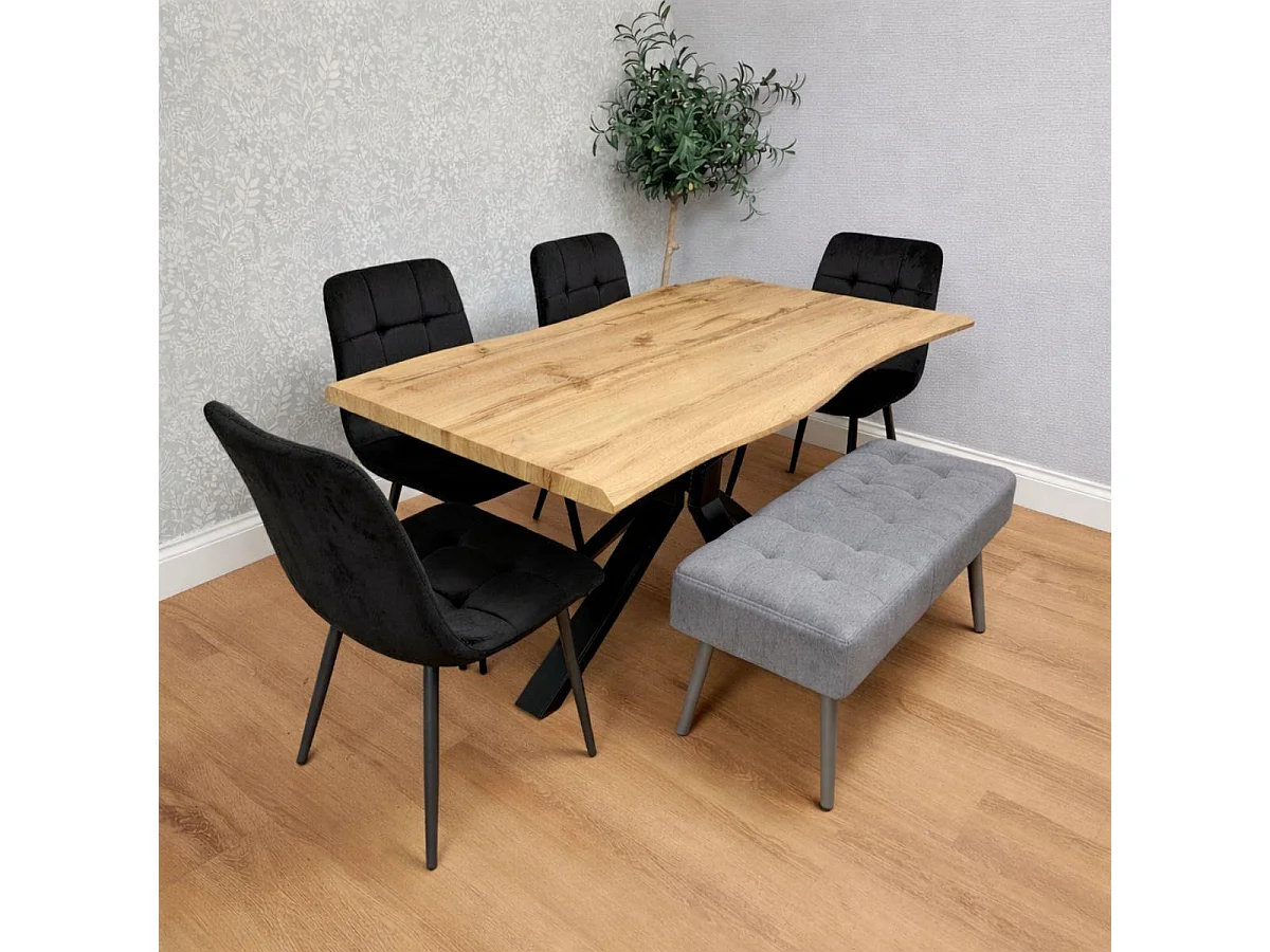 Dining Table Set with 4 black Velvet Chairs and 1 Grey Bench Dining Room Furniture