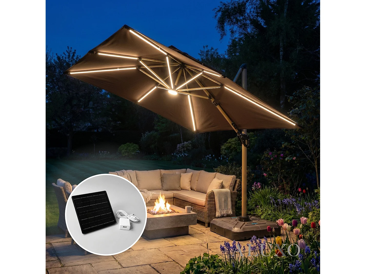 Camber 3m Square Cantilever Parasol with Solar LED Lights - Coffee Brown