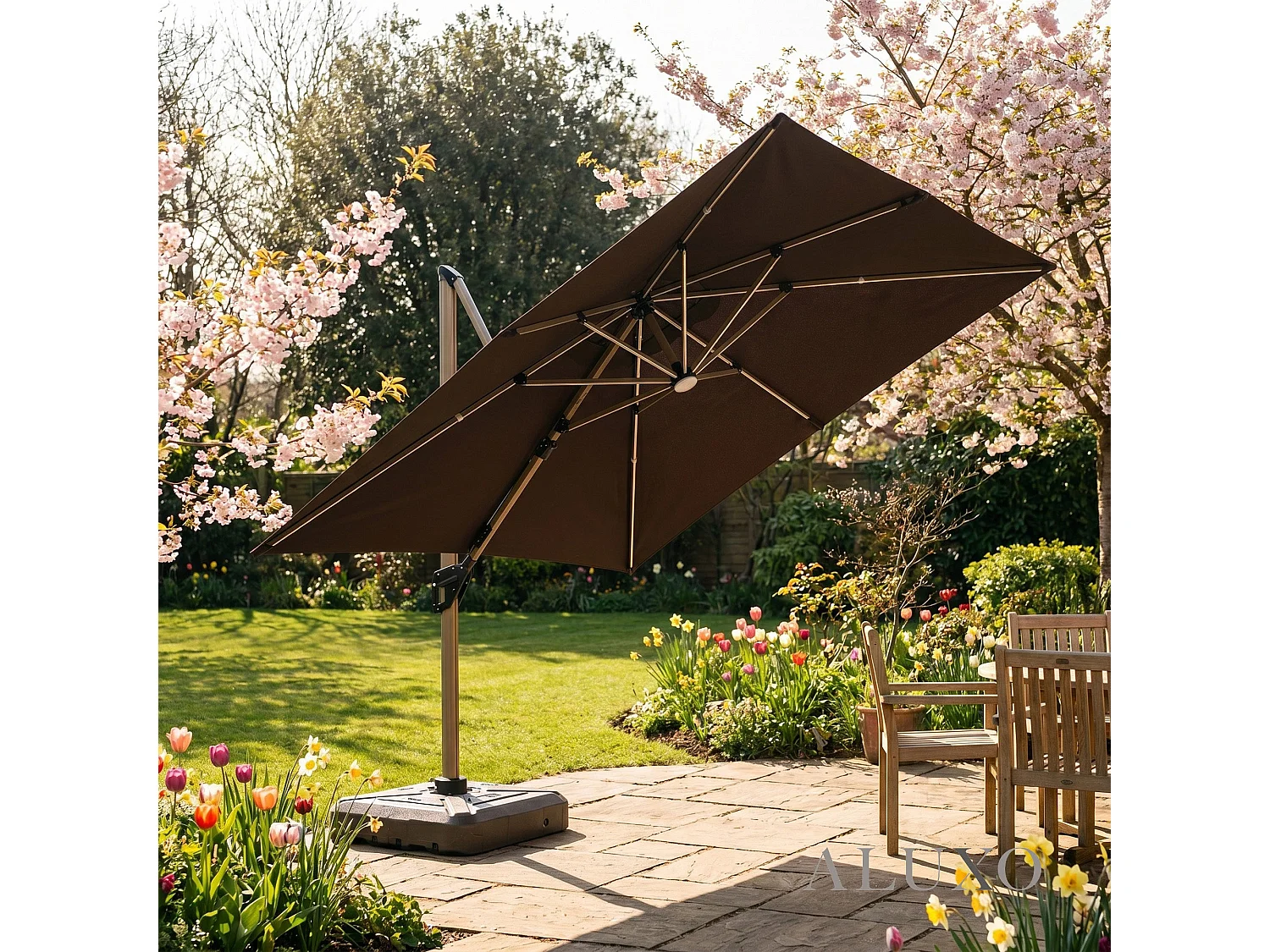 Camber 3m Square Cantilever Parasol with Solar LED Lights - Coffee Brown