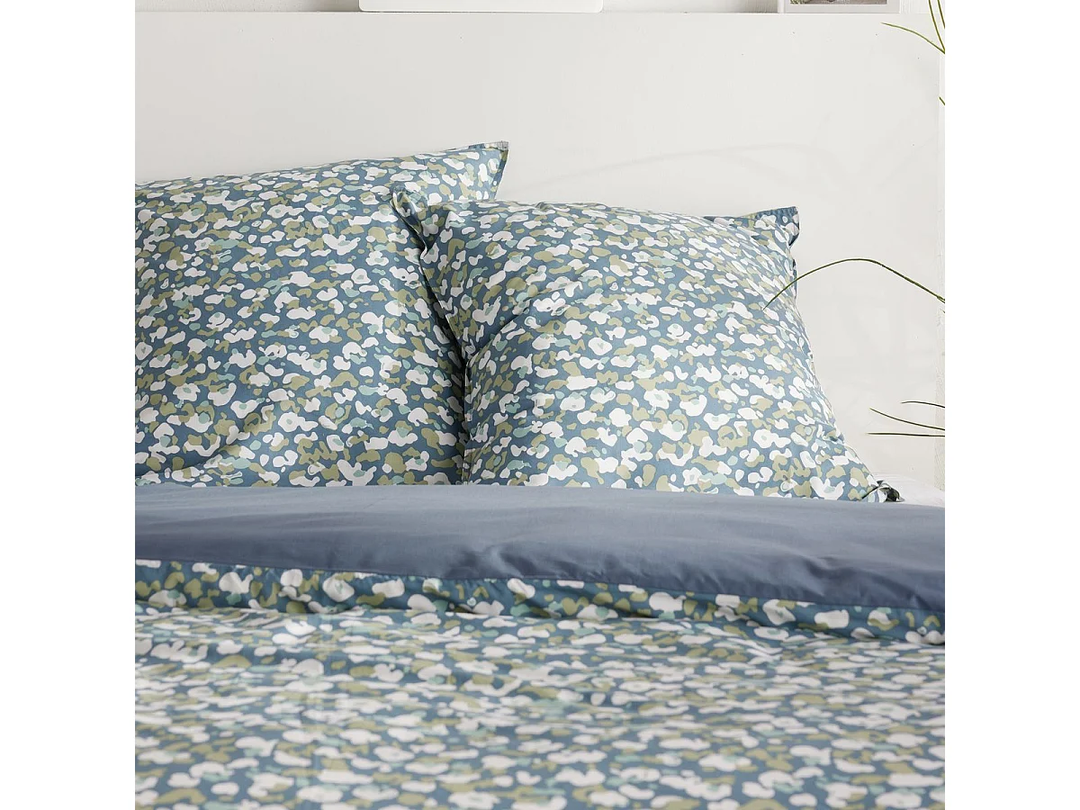 TODAY Sunshine - Housse de couette 220x240 cm en coton imprimé floral bleu avec 2 taies 63x63 cm