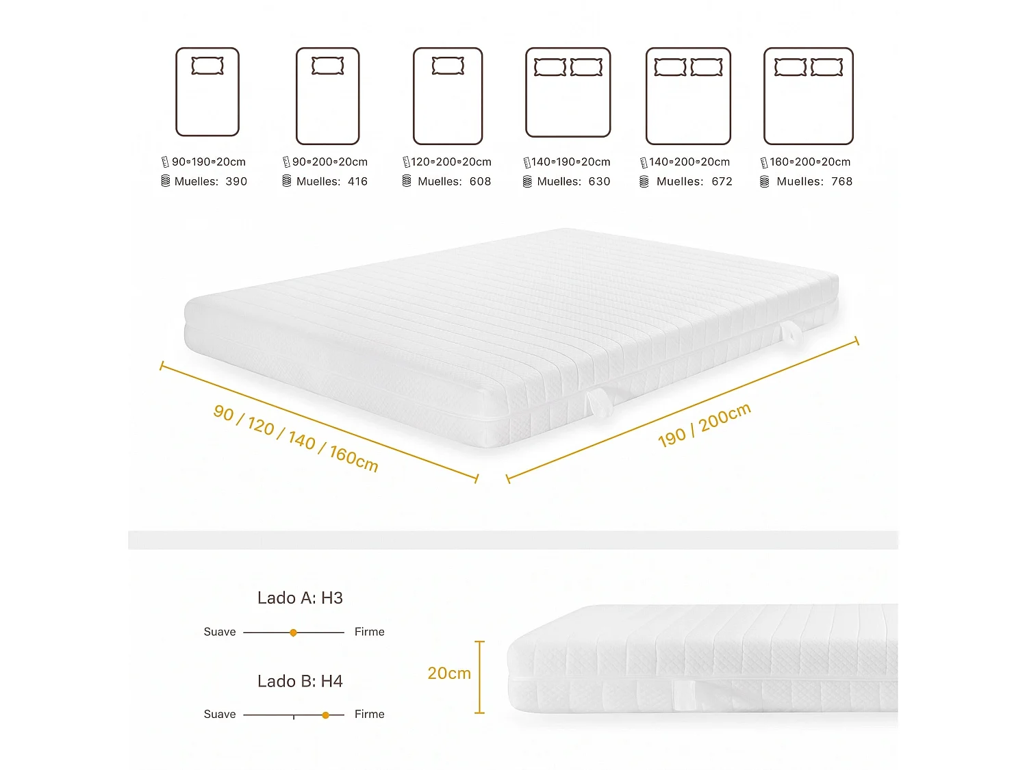 Colchón reversible 120x200 cm híbrido muelles ensacados 7 zonas con OEKO-TEX / CertiPUR 20 cm de grosor - CHITA