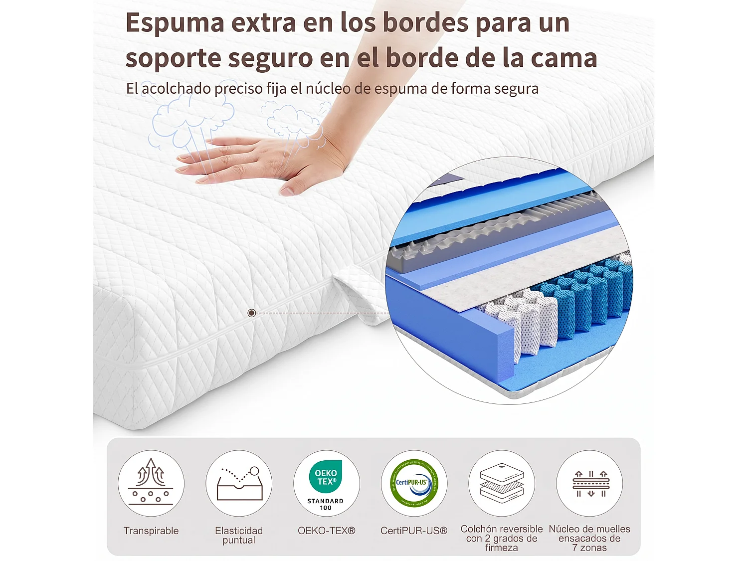 Colchón reversible 120x200 cm híbrido muelles ensacados 7 zonas con OEKO-TEX / CertiPUR 20 cm de grosor - CHITA