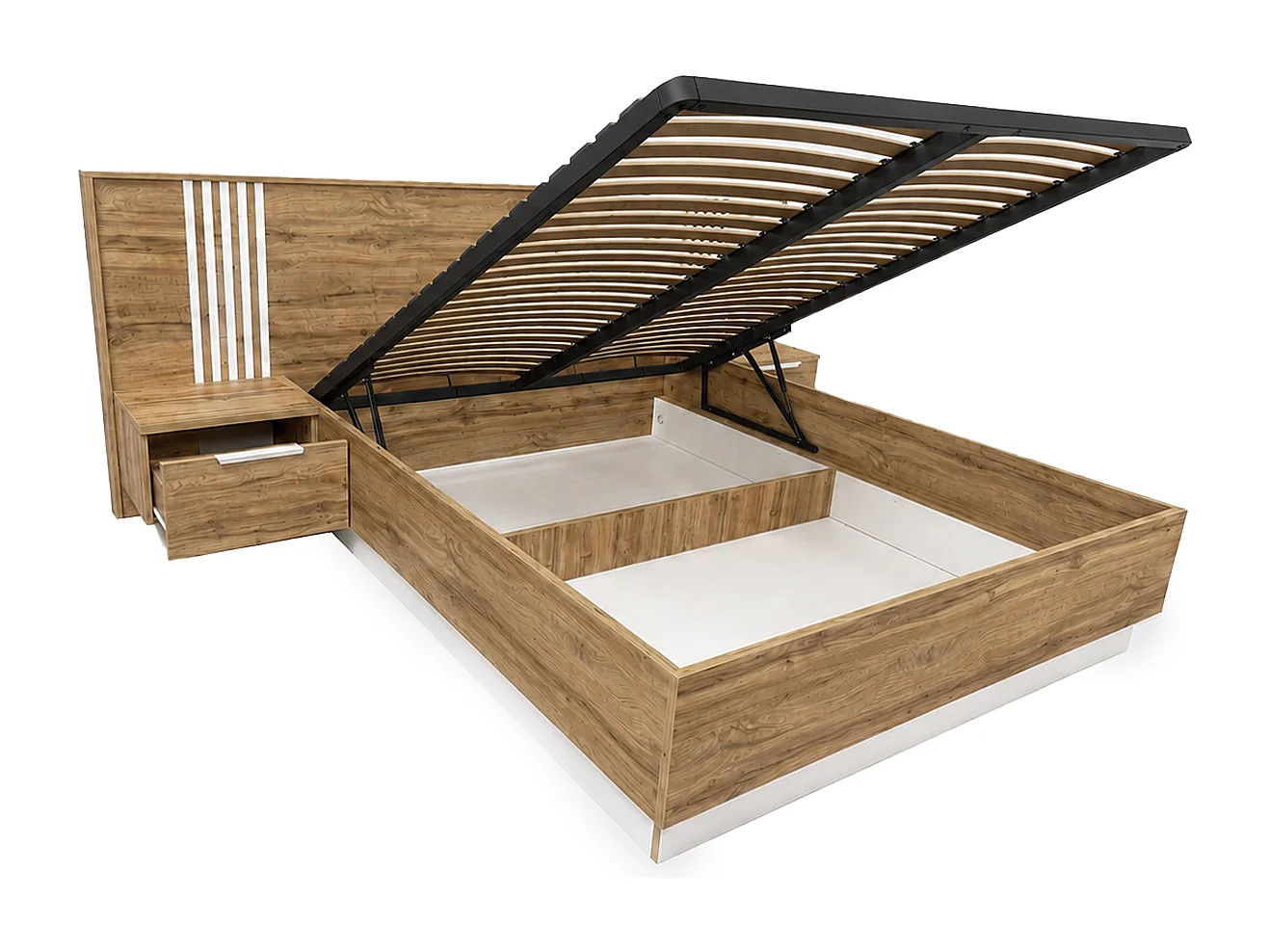 Lit coffre avec chevets 160 x 200 cm – Avec LEDs – Coloris : Naturel et blanc - NELTORA