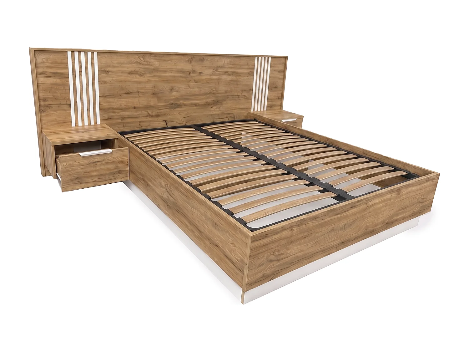 Lit coffre avec chevets 160 x 200 cm – Avec LEDs – Coloris : Naturel et blanc - NELTORA