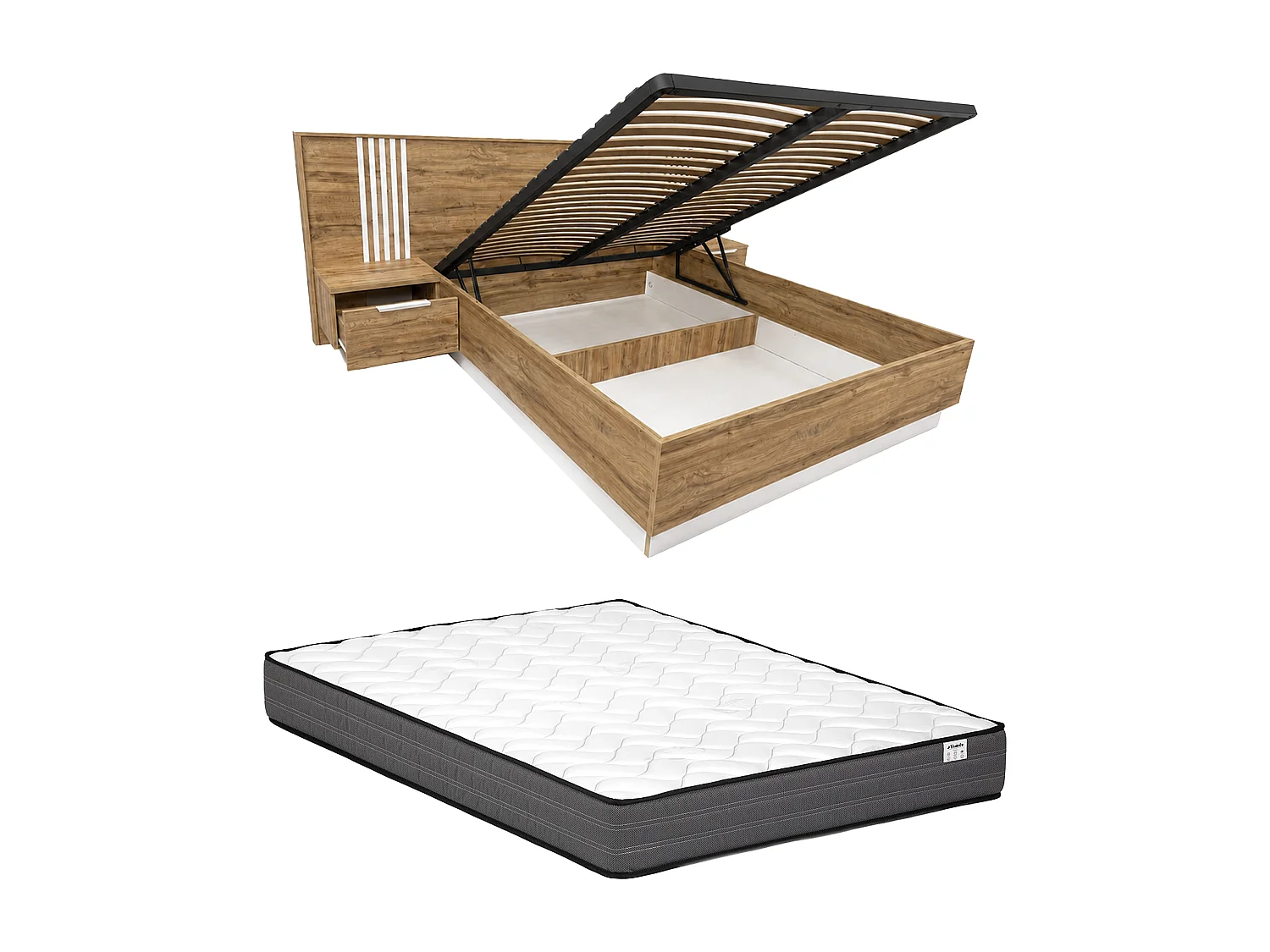 Lit coffre avec chevets 160 x 200 cm – Avec LEDs – Coloris : Naturel et blanc + Matelas - NELTORA