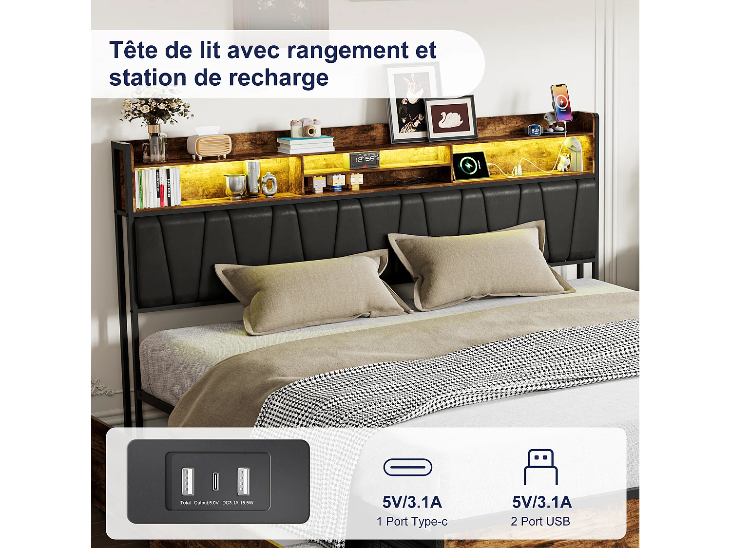 Bed van 180x200 cm met ledverlichting en 2 USB/Type-C-poorten - Hoofdbord met opbergruimte - Metalen bed met 4 lades - Metalen bedframe voor 2 personen - Zwart