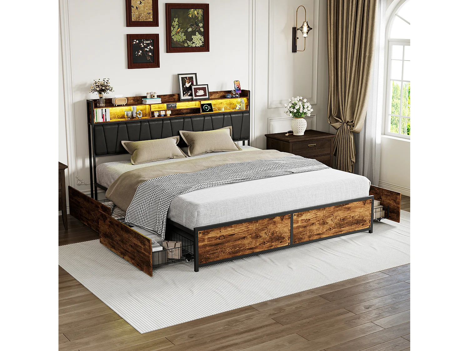 Bed van 180x200 cm met ledverlichting en 2 USB/Type-C-poorten - Hoofdbord met opbergruimte - Metalen bed met 4 lades - Metalen bedframe voor 2 personen - Zwart