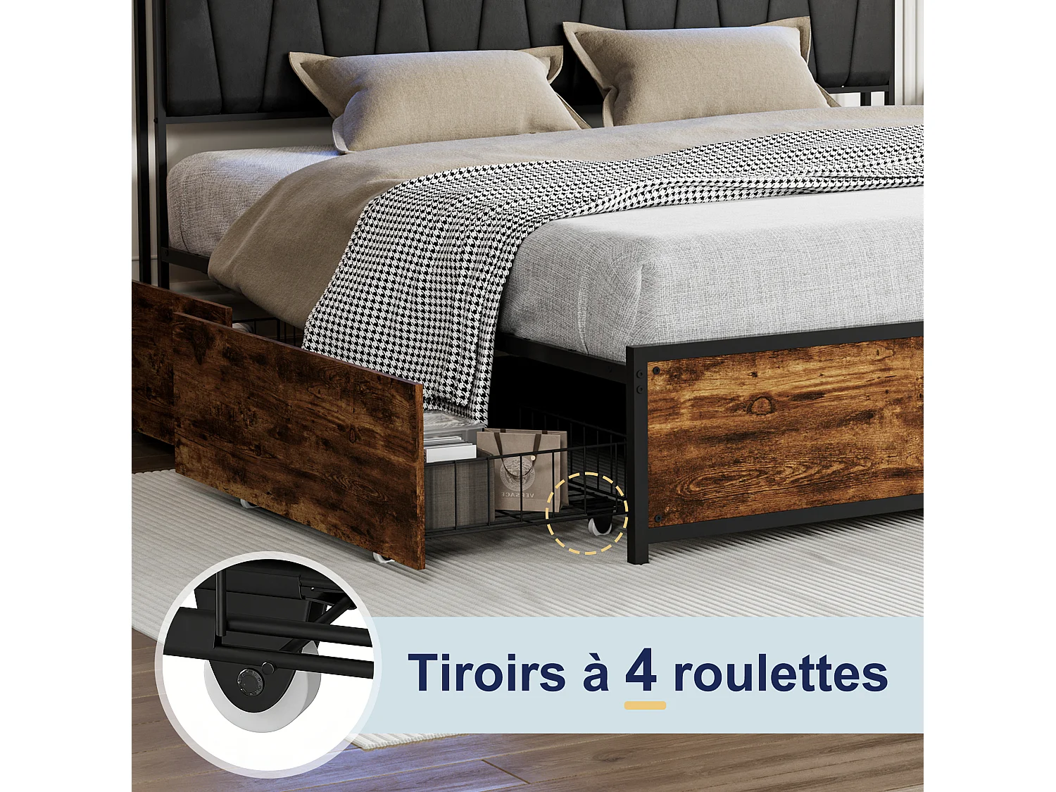 Bed van 180x200 cm met ledverlichting en 2 USB/Type-C-poorten - Hoofdbord met opbergruimte - Metalen bed met 4 lades - Metalen bedframe voor 2 personen - Zwart