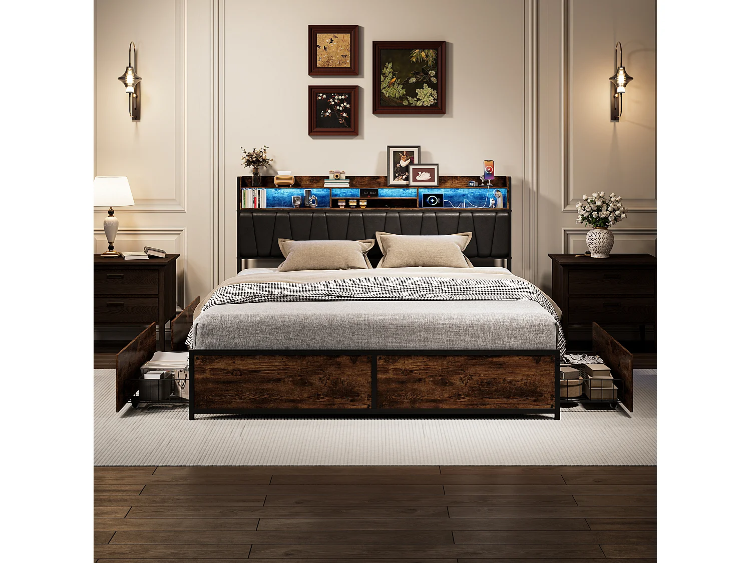 Bed van 180x200 cm met ledverlichting en 2 USB/Type-C-poorten - Hoofdbord met opbergruimte - Metalen bed met 4 lades - Metalen bedframe voor 2 personen - Zwart