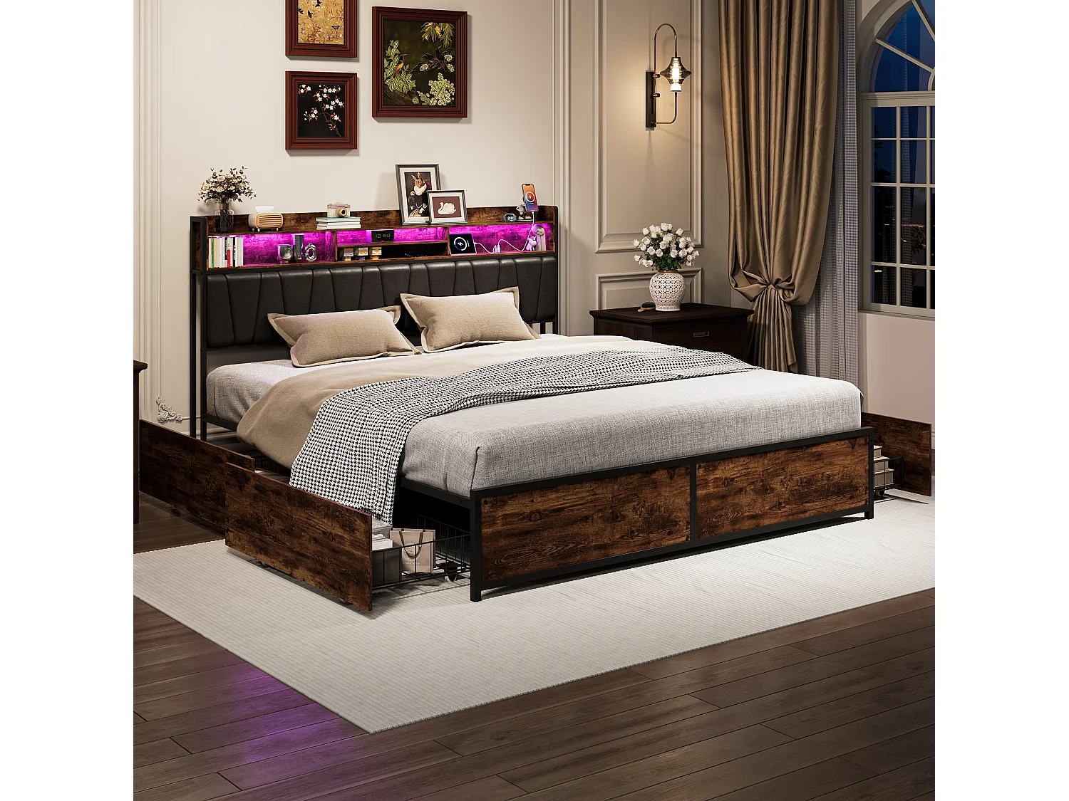 Bed van 180x200 cm met ledverlichting en 2 USB/Type-C-poorten - Hoofdbord met opbergruimte - Metalen bed met 4 lades - Metalen bedframe voor 2 personen - Zwart