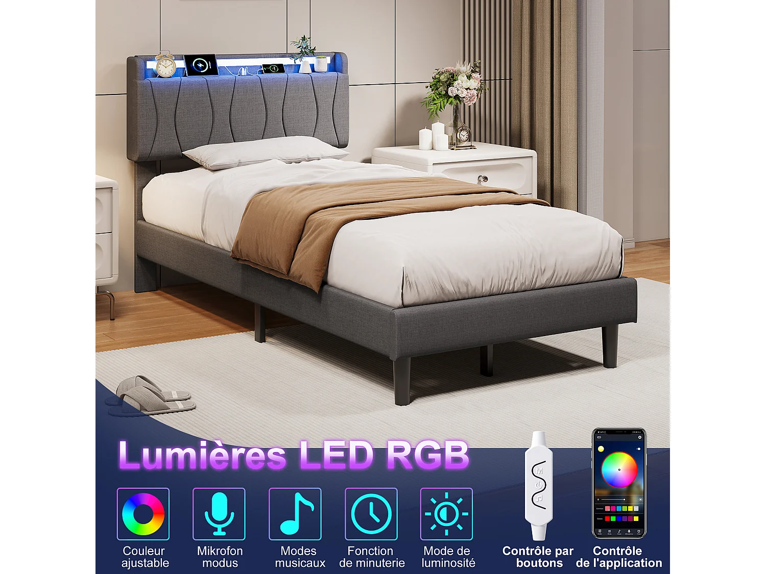 Lit 90x200 avec Sommier - Cadre de Lit 1 place avec 2 ports USB/Type-C et Éclairage LED - Tête de Lit Capitonné en Lin - Gris