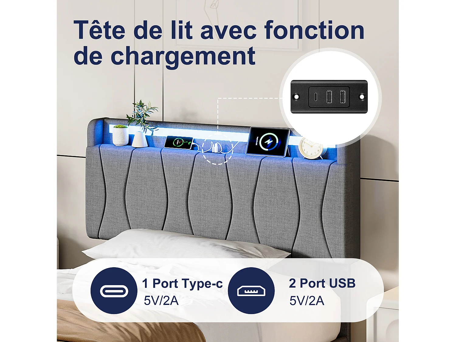 Lit 90x200 avec Sommier - Cadre de Lit 1 place avec 2 ports USB/Type-C et Éclairage LED - Tête de Lit Capitonné en Lin - Gris
