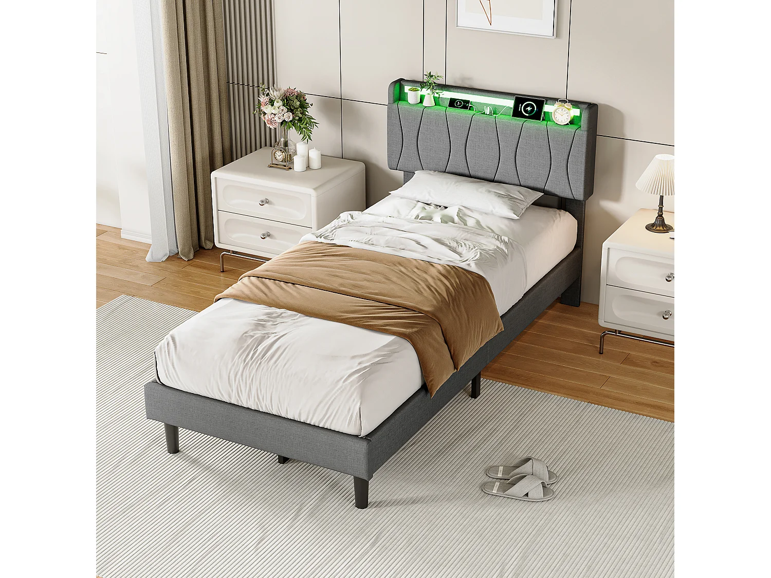Lit 90x200 avec Sommier - Cadre de Lit 1 place avec 2 ports USB/Type-C et Éclairage LED - Tête de Lit Capitonné en Lin - Gris