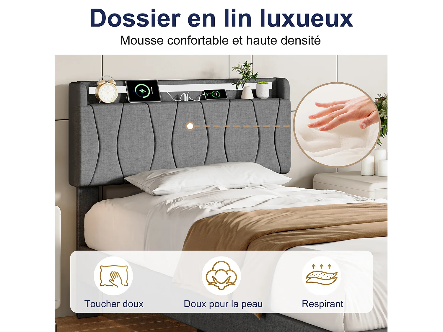 Lit 90x200 avec Sommier - Cadre de Lit 1 place avec 2 ports USB/Type-C et Éclairage LED - Tête de Lit Capitonné en Lin - Gris