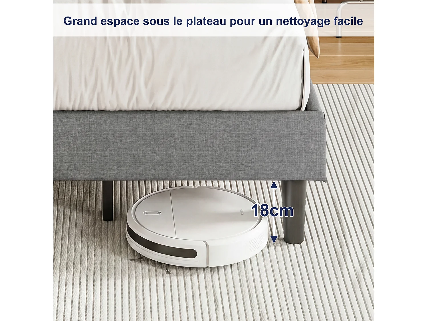 Lit 90x200 avec Sommier - Cadre de Lit 1 place avec 2 ports USB/Type-C et Éclairage LED - Tête de Lit Capitonné en Lin - Gris