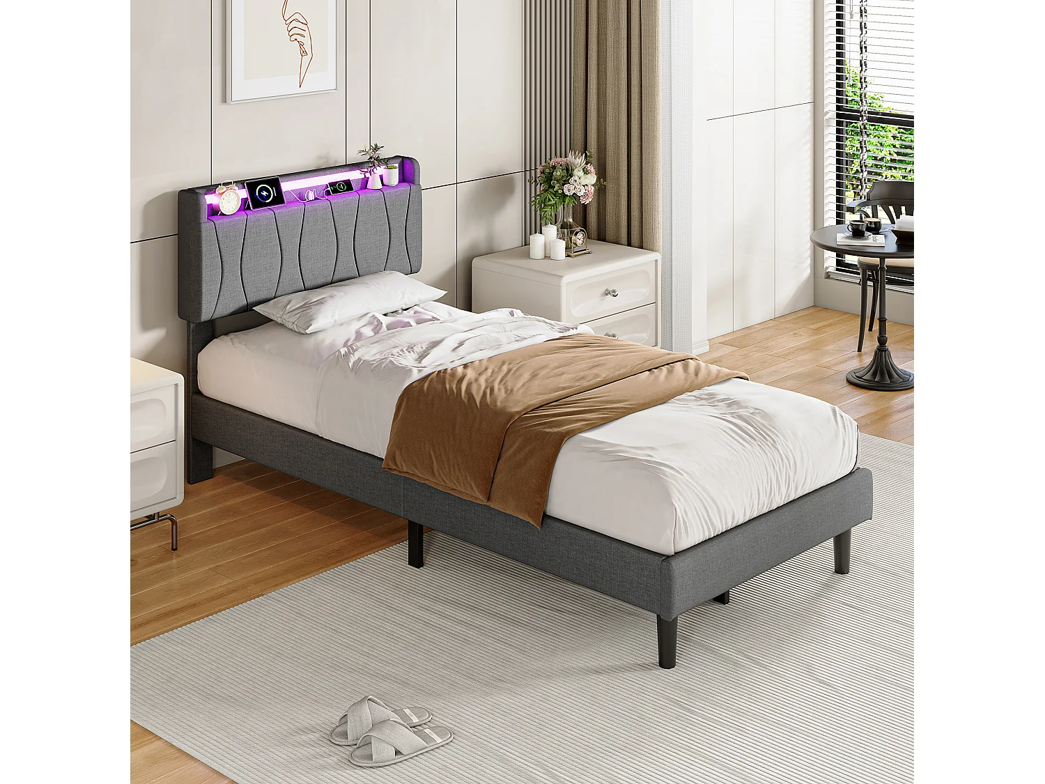 Lit 90x200 avec Sommier - Cadre de Lit 1 place avec 2 ports USB/Type-C et Éclairage LED - Tête de Lit Capitonné en Lin - Gris
