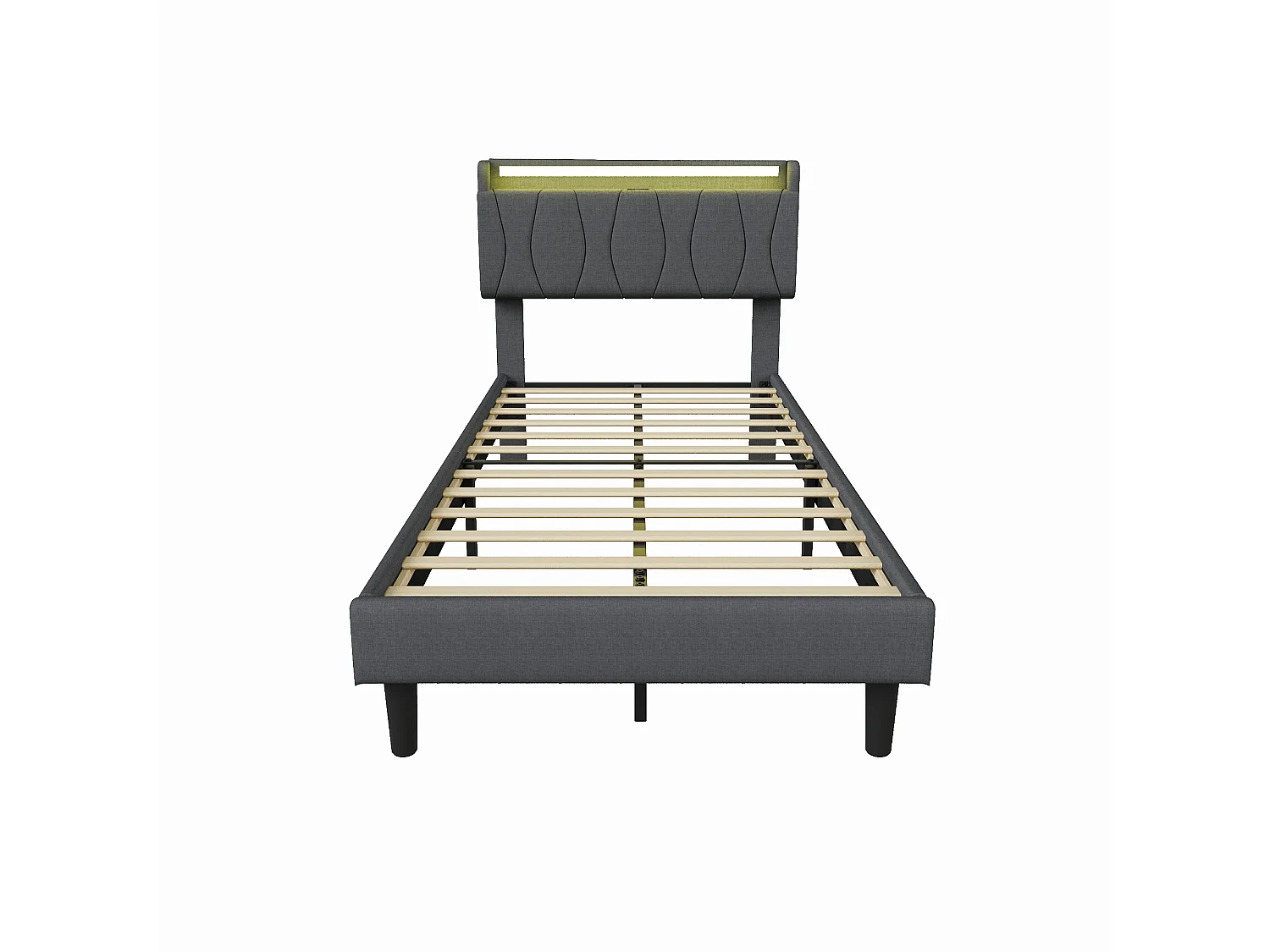 Lit 90x200 avec Sommier - Cadre de Lit 1 place avec 2 ports USB/Type-C et Éclairage LED - Tête de Lit Capitonné en Lin - Gris