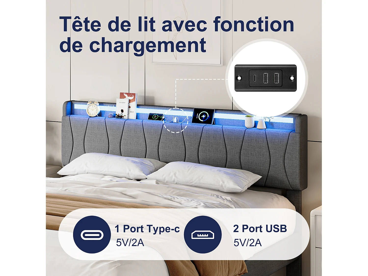 Lit 160x200 avec Sommier - Cadre de Lit 2 personnes avec 2 ports USB/Type-C et Éclairage LED - Tête de Lit Capitonné en Lin - Gris