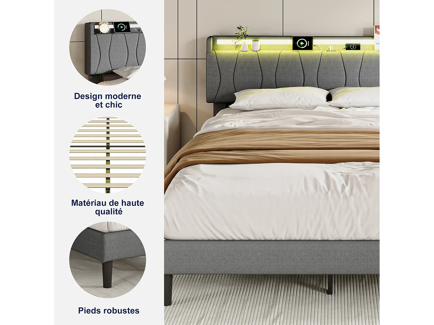 Lit 160x200 avec Sommier - Cadre de Lit 2 personnes avec 2 ports USB/Type-C et Éclairage LED - Tête de Lit Capitonné en Lin - Gris