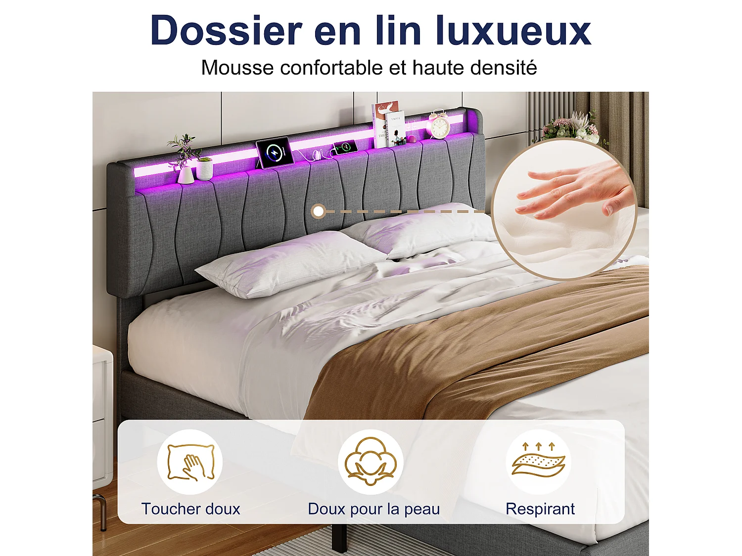 Lit 160x200 avec Sommier - Cadre de Lit 2 personnes avec 2 ports USB/Type-C et Éclairage LED - Tête de Lit Capitonné en Lin - Gris