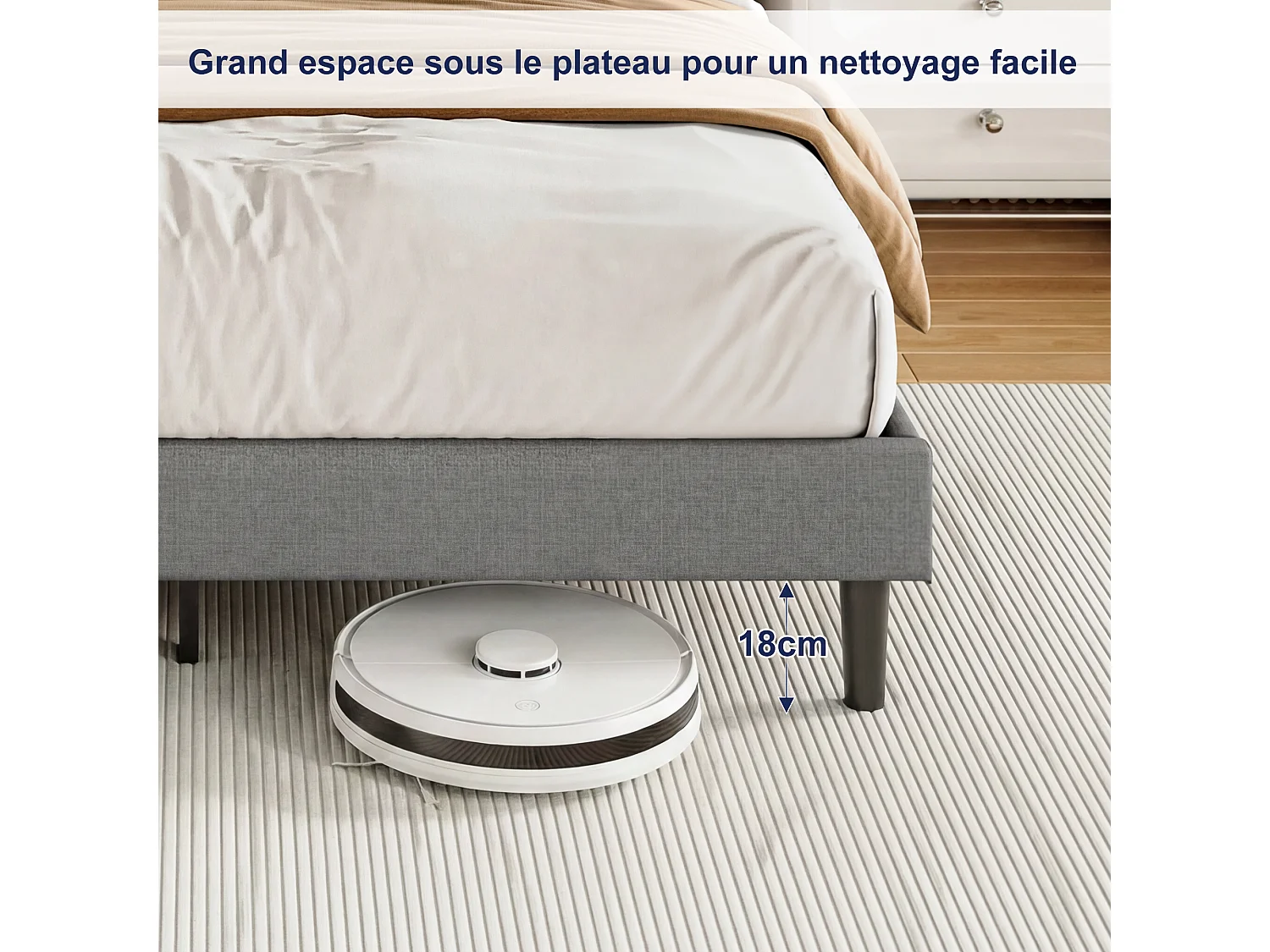 Lit 160x200 avec Sommier - Cadre de Lit 2 personnes avec 2 ports USB/Type-C et Éclairage LED - Tête de Lit Capitonné en Lin - Gris