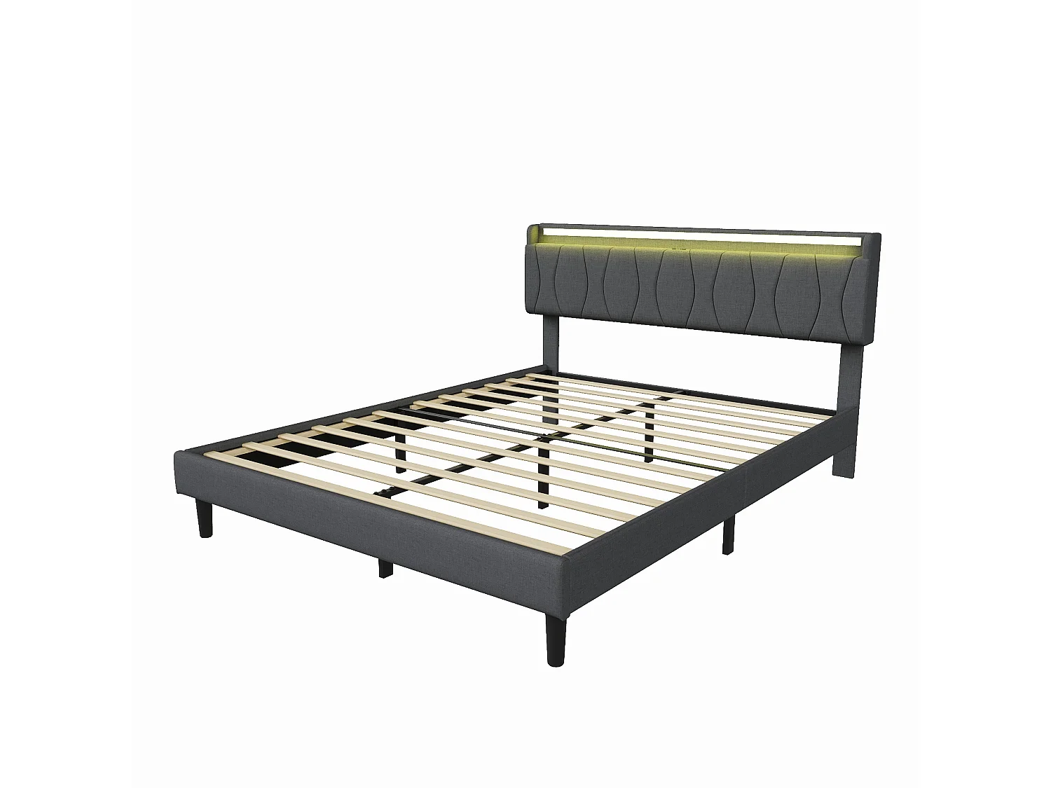 Lit 160x200 avec Sommier - Cadre de Lit 2 personnes avec 2 ports USB/Type-C et Éclairage LED - Tête de Lit Capitonné en Lin - Gris