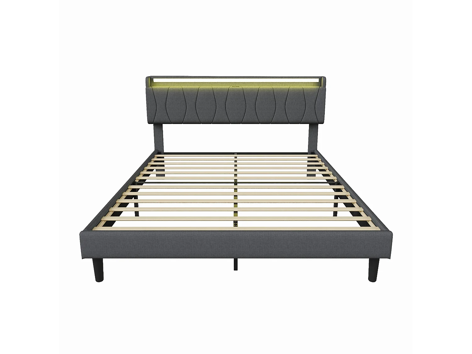 Lit 160x200 avec Sommier - Cadre de Lit 2 personnes avec 2 ports USB/Type-C et Éclairage LED - Tête de Lit Capitonné en Lin - Gris