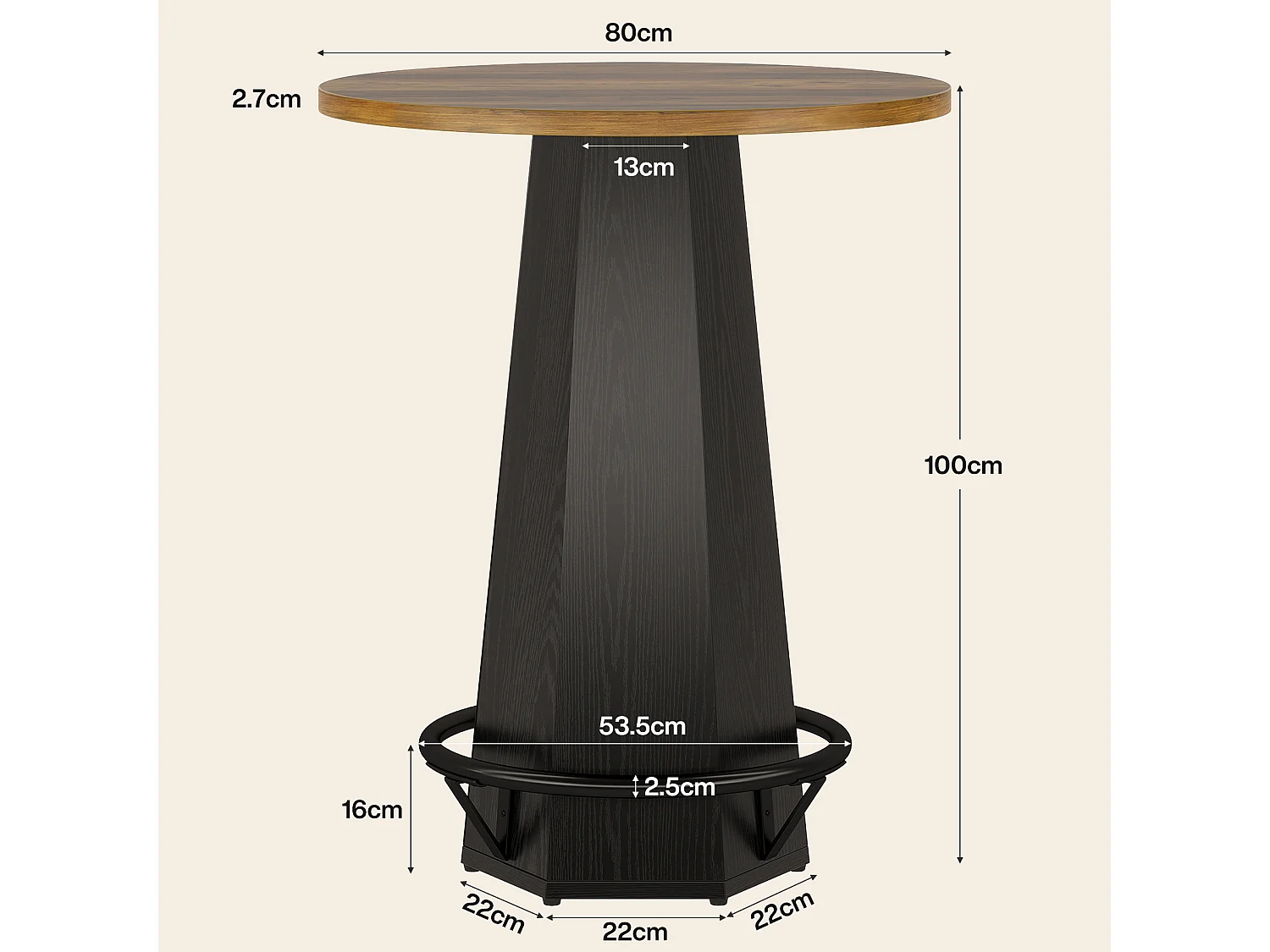 Table de bar ronde haute, 100 cm de hauteur, style bistro, avec repose-pieds en métal