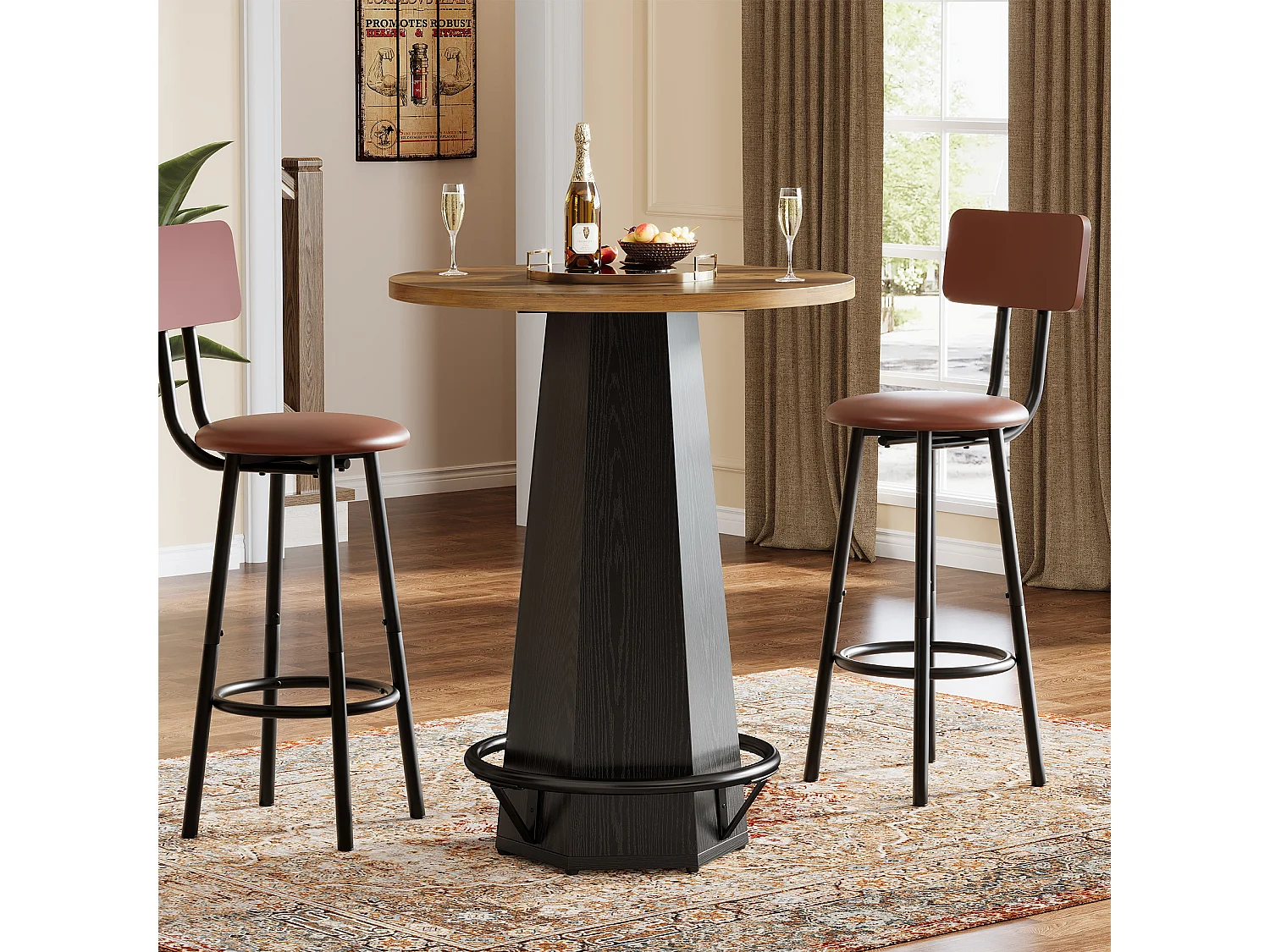 Table de bar ronde haute, 100 cm de hauteur, style bistro, avec repose-pieds en métal