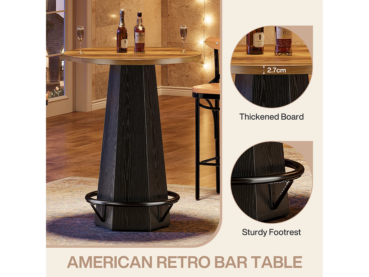 Table de bar ronde haute, 100 cm de hauteur, style bistro, avec repose-pieds en métal